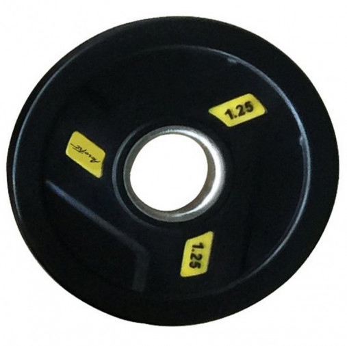 Олимпийский обрезиненный диск AeroFit 1.25 кг, черно-желтый. Посадочное кольцо из нержавеющей стали, Ø 51,5 мм