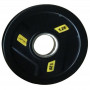 Олимпийский обрезиненный диск AeroFit 1.25 кг, черно-желтый. Посадочное кольцо из нержавеющей стали, Ø 51,5 мм