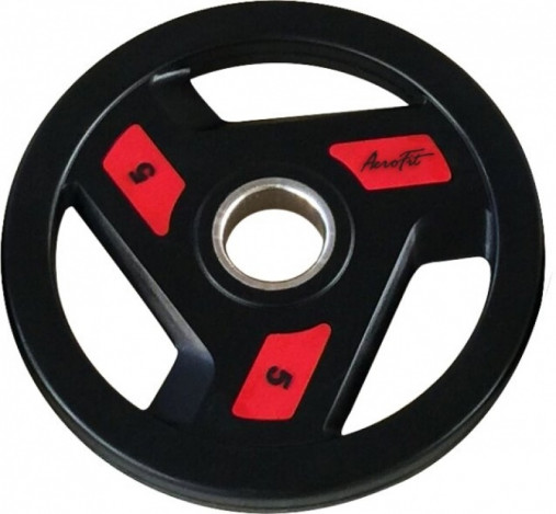 Олимпийский обрезиненный диск AeroFit 5 кг,черно-красный, с 3-мя хватами. Посадочное кольцо из нержавеющей стали, Ø 51,5 мм