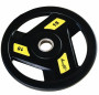 Олимпийский обрезиненный диск AeroFit 15 кг, черно-желтый, с 3-мя хватами. Посадочное кольцо из нержавеющей стали, Ø 51,5 мм
