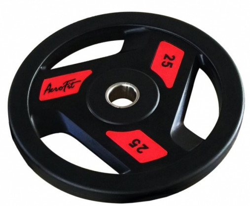 Олимпийский обрезиненный диск AeroFit 25 кг, черно-красный, с 3-мя хватами. Посадочное кольцо из нержавеющей стали, Ø 51,5 мм