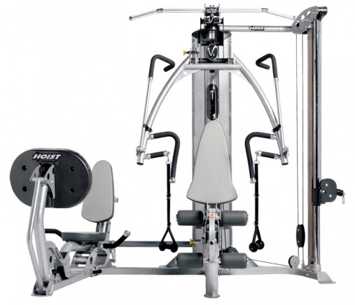 Мультистанция Hoist V4-Elite Gym вместе с опцией Жим ногами с подвижной платформой и спинкой Hoist VR-LP (слева на фото) и опцией Колонна для тяги, регулировка 35 положений Hoist V-HiLo (справа на фото)