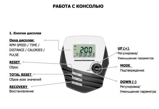 Черно-белый LCD-дисплей диагональю 9 см одновременно выводит на экран различные параметры тренировки - время, дистанцию, скорость, калории, обороты в мин., пульс + функция фитнес-теста (Recovery) 