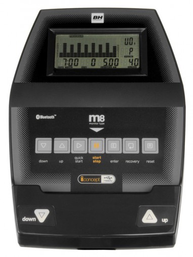 LCD монитор, отображающий время, скорость, обороты в минуту, дистанцию, расход калорий, пульс, Ватты